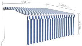 Toldo retrátil manual com estore/LED 3,5x2,5 m azul e branco