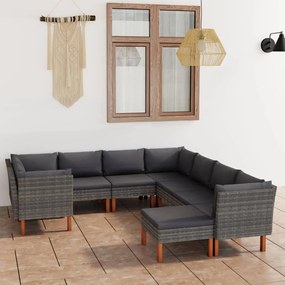 9 pcs conjunto lounge de jardim c/ almofadões vime PE cinzento