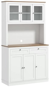HOMCOM Armário Alto de Arrumação para Cozinha 100x40x180 cm com Prateleiras Ajustáveis Aberto 2 Gavetas e Portas de Vidro Branco | Aosom Portugal