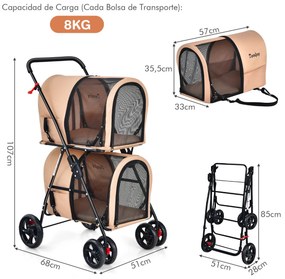 Carrinho multifuncional 4 em 1 para cães e gatos, carrinho para animais de estimação, nível duplo, destaque e duplo com 4 rodas, 51 x 68 x 107 cm, beg