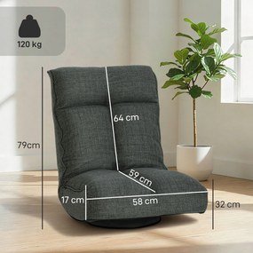 Cadeira de chão dobrável com rotação de 360°, cadeira de chão estofada com encosto ajustável em 5 posições, 58 x 107 x 79 cm, cinzenta