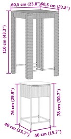5 pcs conjunto de bar p/ jardim c/ almofadões vime PE cinzento