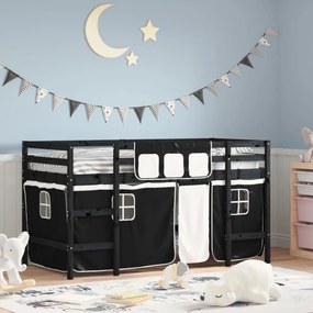 vidaXL Cama alta criança c/ cortina 90x200cm pinho maciço branco/preto