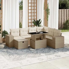 8 pcs conjunto de sofás p/ jardim com almofadões vime PE bege