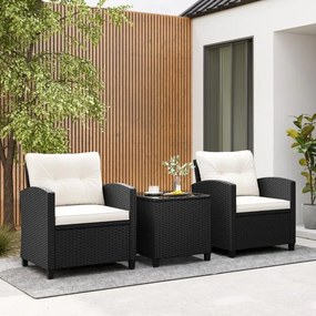 Conjunto de móveis de jardim de 3 peças de rattan com almofadas de assento e encosto e Mesa de centro de vidro temperado branco / preto