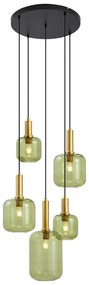 Candeeiro suspenso Hotel Chic preto e dourado com vidro verde 5 luzes - Zuzanna