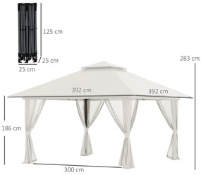 Outsunny Tenda Dobrável Pop-UP 3,92x3,92x2,83m Tenda de Jardim com Altura Ajustável Proteção UV50+ Teto Duplo Rede Mosquiteira e Bolsa de Transporte com Rodas para Festas Campismo Bege