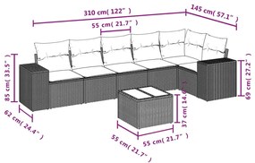 7 pcs conj. sofás jardim com almofadões vime PE cinzento-claro