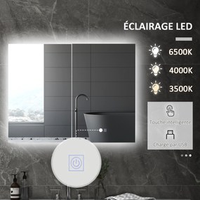 Armário de parede com espelho e iluminação LED para casa de banho 2 em 1,  90 x 15 x 70 cm