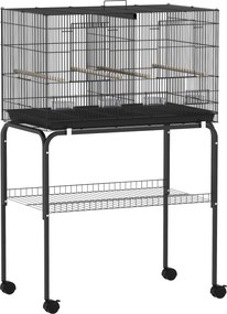 PawHut Gaiola para Pássaros com Divisória Rodas Gaiola para Aves com Comedouros Poleiros e Bandeja Removível 76x46x116 cm Preto | Aosom Portugal