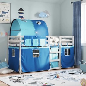 vidaXL Beliche com cortinas 90x190 cm madeira de pinho maciça azul
