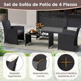 Conjunto de jardim em rattan com 4 peças: sofás de 2 lugares, mesa de vidro temperado e almofadas para exterior, varanda ou piscina, Preto+cinzento