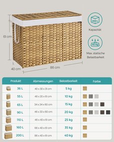 Cesto para roupa suja 200 litros em rattan sintético com 3 compartimentos, 86 x 40 x 61 cm cor natural