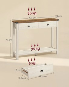 Mesa consola estreita 100 x 24 x 76 cm com gavetas em madeira, nas cores branco e castanho