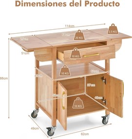 Carrinho de Cozinha Peniche com Rodas e Extensão – 114x68,5x87,5 cm –