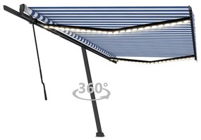 vidaXL Toldo retrátil manual com LED 500x300 cm azul e branco