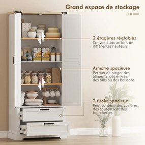 Armário de cozinha 76 x 40 x 180 cm, com 2 portas, 2 gavetas, prateleiras ajustáveis, estilo rústico, branco