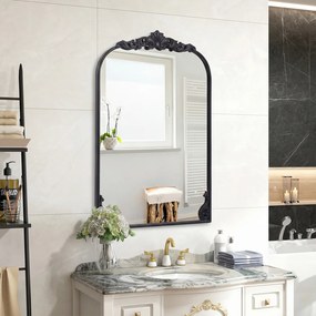 Espelho de Parede Arqueado, 90 x 61 cm, Moldura Metálica Ornamentada, Preto