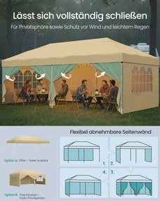 Tenda dobrável de 3 x 6 m para jardim e festas, com 6 paredes laterais, cor bege