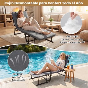 Espreguiçadeira jardim dobrável 3 em 1 com encosto ajustável em 6 posições, almofada e apoio para a cabeça, para jardim, campismo e uso interior e ext