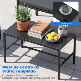Conjunto de jardim de 4 peças em rattan para exterior: cadeiras, sofá, mesa de centro em vidro temperado e almofadas macias; ideal para jardim, alpend
