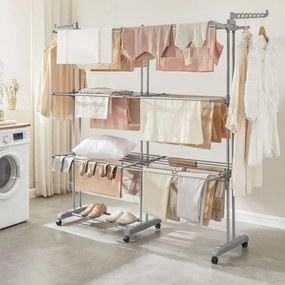Estendal de roupa de 4 prateleiras com rodas 63,5 x (131-200) x 177,5 cm, cinzento