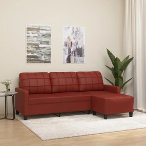 vidaXL Sofá 3 lugares c/ apoio pés 180 cm couro artif. vermelho tinto