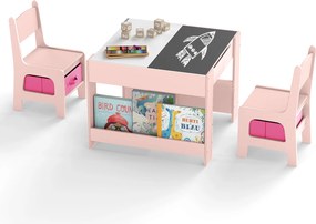 Conjunto de Mesa e 2 Cadeiras Infantis, 61,5 x 61,5 x 48 cm, Quadros de Giz e Branco Reversíveis, Rosa