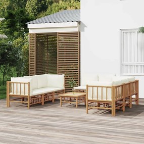 vidaXL 9 pcs conjunto lounge de jardim bambu c/ almofadões branco nata