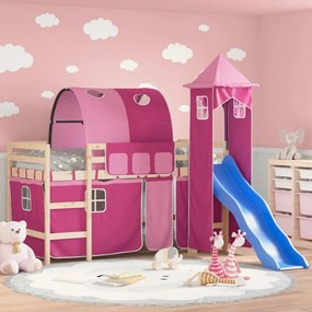 vidaXL Cama alta para criança com torre 80x200 cm pinho maciço rosa