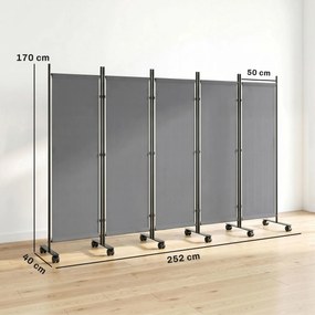 Biombo de Privacidade Dobrável de 5 Painéis, 252 x 40 x 170 cm, Com 12 Rodas, Cinzento-Escuro