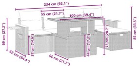 6 pcs conjunto de sofás p/ jardim com almofadões vime PE bege
