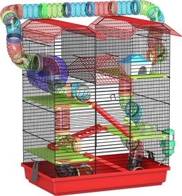 PawHut Gaiola para Hamster de 5 Níveis 47x30x59 cm com Túneis Tigela Bebedouro Casinha Roda de Exercício Rampas Vermelho | Aosom Portugal