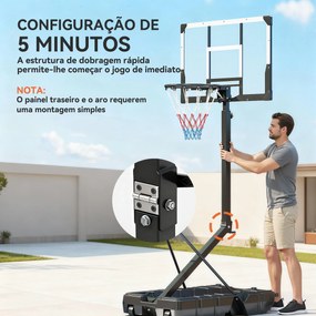 Cesto de Basquetebol para Exterior com Altura Ajustável Portátil Estrutura Dobrável Painel Inquebrável Rodas e Base Preenchível 120x70x300-375 cm Pret