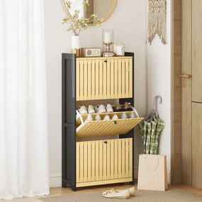 Sapateira com capacidade para 18 pares, com 3 gavetas rebatíveis, portas de bambu com ripas, 60 x 24 x 118 cm, preto e madeira natural