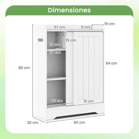 Armário de Casa banho ou cozinha 60 x 20 x 80 cm com porta-papel higiênico, compartimento para escova e prateleiras ajustáveis com 2 portas deslizante