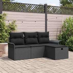 vidaXL Conjunto de Sofás de Jardim de 4 Peças com Almofadas Preto Rattan Poliéster