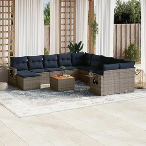 vidaXL 12 pcs conjunto sofás p/ jardim c/ almofadões vime PE cinzento