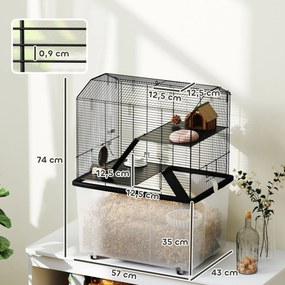 Gaiola para hamsters e roedores de 3 andares 57 x 43 x 74 cm, com rodas, plataforma e escada em arame de aço, preta