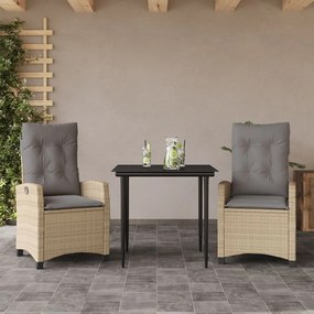 3 pcs conj. jantar jardim c/ almofadões vime PE bege misturado