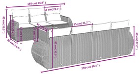 8 pcs conjunto sofás de jardim c/ almofadões vime PE cinzento