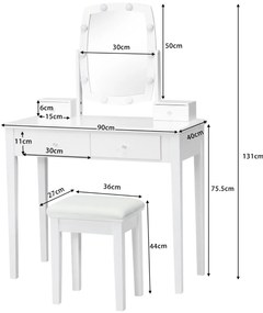 Conjunto de Toucador com Espelho Iluminado Giratório 360°, Mesa de Maquilhagem e Banco Acolchoado para Quarto Branco