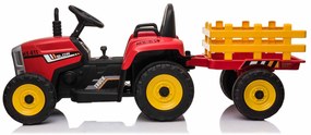 Trator elétrico WORKERS com reboque, vermelho, tração traseira, bateria 12V, rodas plásticas, assento largo de plástico, controle remoto 2,4 GHz, MP3