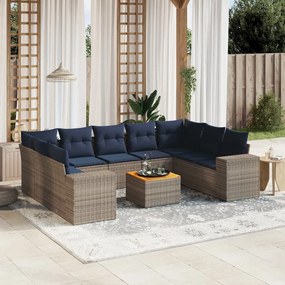 vidaXL 10 pcs conjunto sofás p/ jardim c/ almofadões vime PE cinzento