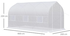 Estufa de Jardim 400x200x200cm Tipo Túnel com 6 Janelas Transpiráveis e Portas Enrolável com Zíper para Cultivo de Plantas e Verduras Branco