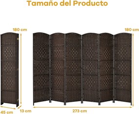 Biombo dobrável de 6 painéis 270,5 x 1,5 x 180 cm com moldura em madeira natural para escritório em casa ou sala de estar Castanho