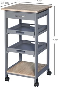 Carrinho de serviço de cozinha com rodas, 2 tabuleiros removíveis, gaveta e prateleira em carvalho claro e pinho cinzento