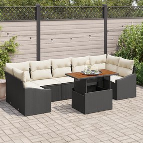 Conjunto de Sofá de Jardim de 8 Peças com Almofadas Preto Vime Poliést