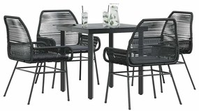 Conjunto de jantar jardim 5 peças almofadas vidro vime PE preto
