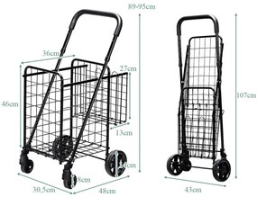 Carrinho de compras dobrável portátil com cesta dupla, médio e leve, grande capacidade, com 4 rodas, 43 x 52 x 95 cm Preto